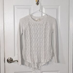 Anthropologie Ruby Moon Frayed Hem Distressed White Cable‎ Knit Sweater Size S